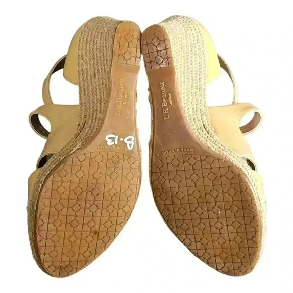 Lk Bennett Priya Sandals Tan Beige Nude 8.5 Espadrille Wedge Patent Leather 39.5 - Picture 7 of 8